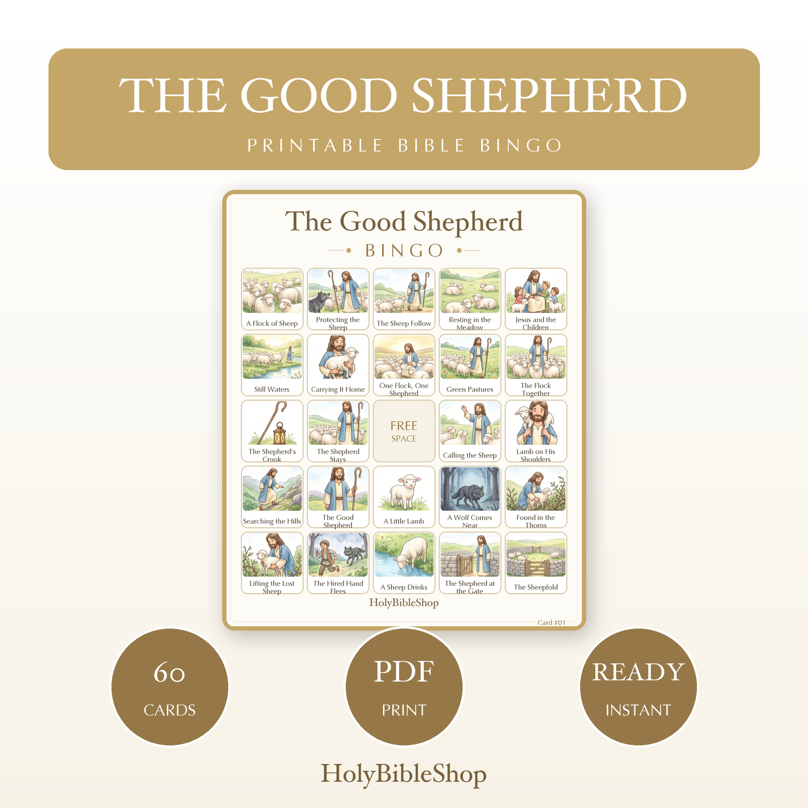The Good Shepherd Bingo | Printable Bible Bingo Game for Kids | 60 Cards Sunday School VBS Christian Watercolor PDF
