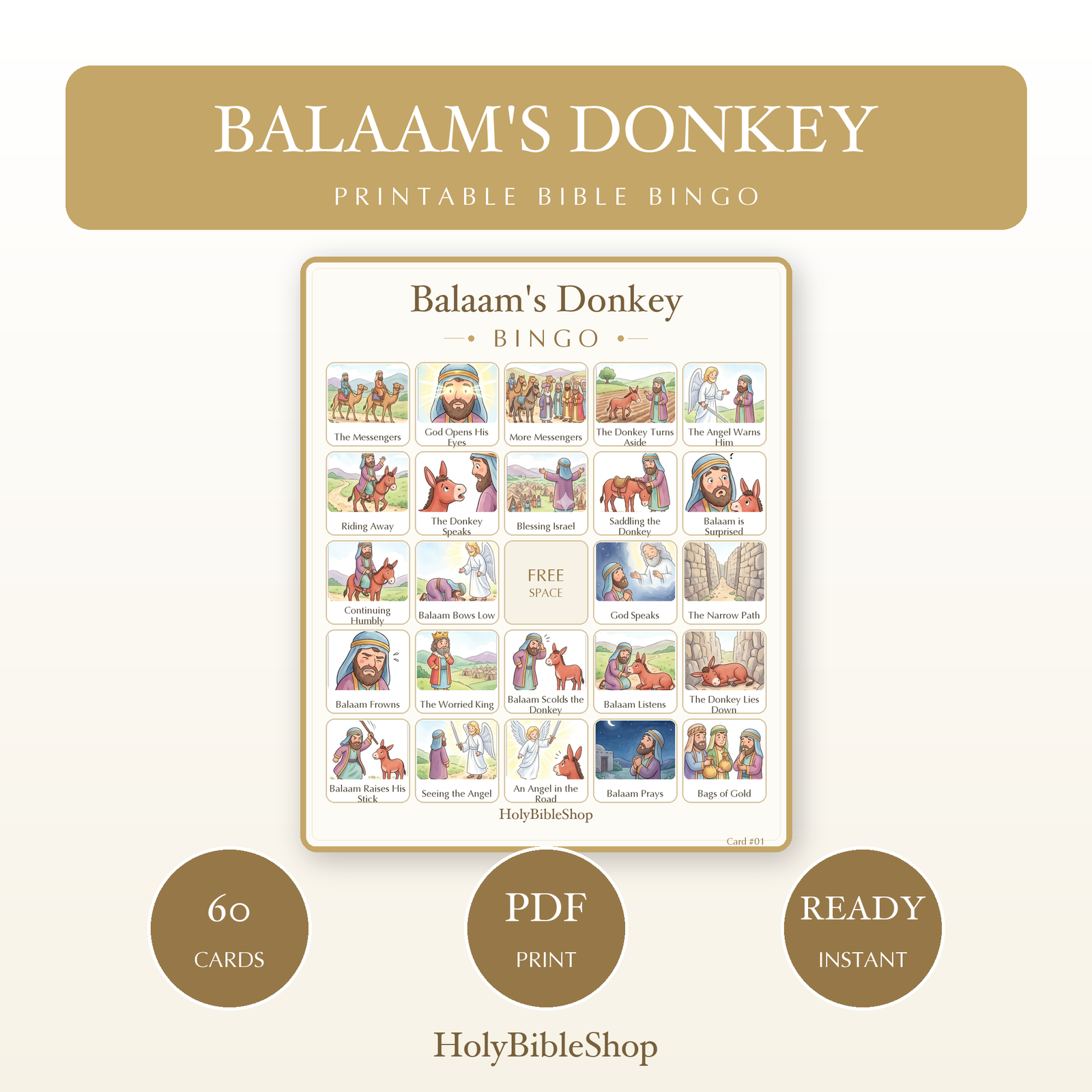 Balaam's Donkey Bingo | Printable Bible Bingo Game for Kids | 60 Cards Sunday School VBS Christian Watercolor PDF