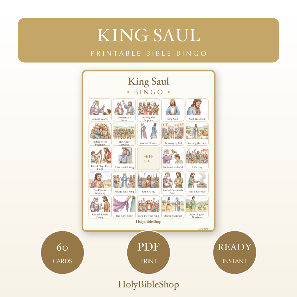 King Saul Bingo | Printable Bible Bingo Game for Kids | 60 Cards Sunday School VBS Christian Watercolor PDF