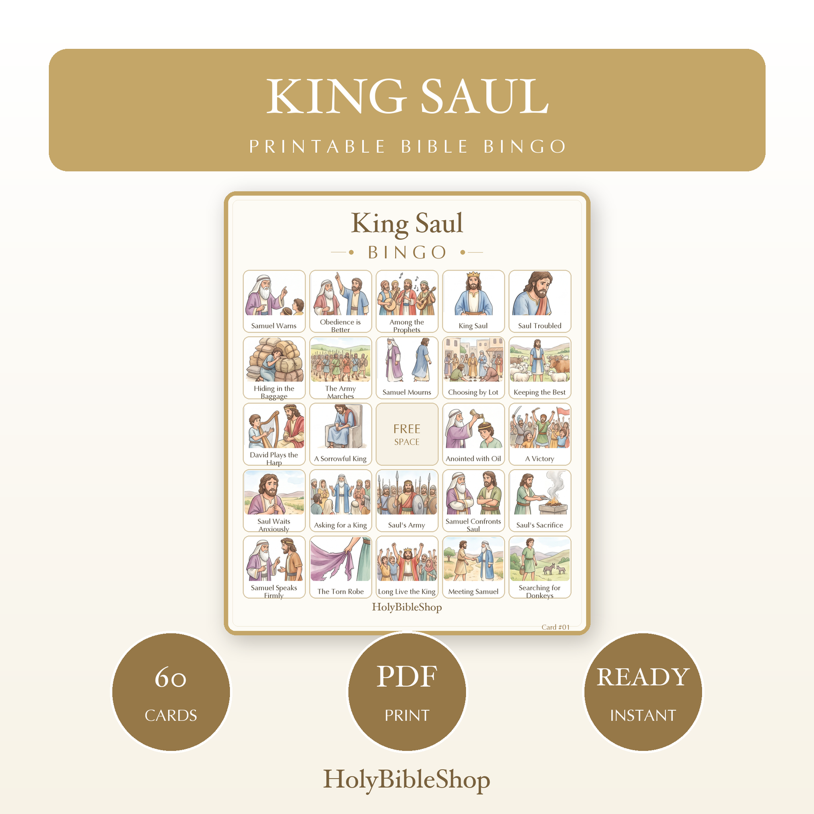 King Saul Bingo | Printable Bible Bingo Game for Kids | 60 Cards Sunday School VBS Christian Watercolor PDF