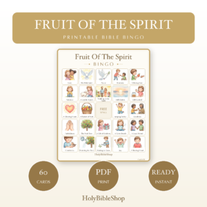 Fruit Of The Spirit Bingo | Printable Bible Bingo Game for Kids | 60 Cards Sunday School VBS Christian Watercolor PDF