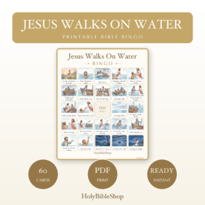 Jesus Walks On Water Bingo | Printable Bible Bingo Game for Kids | 60 Cards Sunday School VBS Christian Watercolor PDF