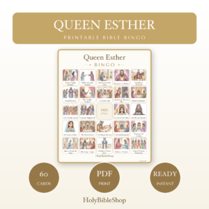 Queen Esther Bingo | Printable Bible Bingo Game for Kids | 60 Cards Sunday School VBS Christian Watercolor PDF