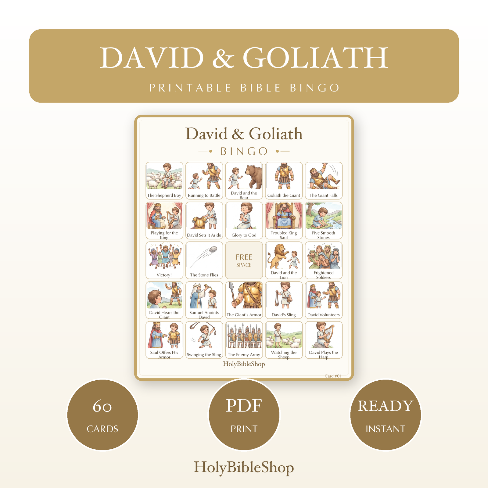 David & Goliath Bingo | Printable Bible Bingo Game for Kids | 60 Cards Sunday School VBS Christian Watercolor PDF
