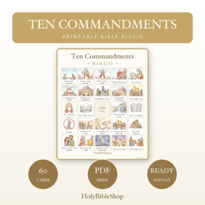Ten Commandments Bingo | Printable Bible Bingo Game for Kids | 60 Cards Sunday School VBS Christian Watercolor PDF