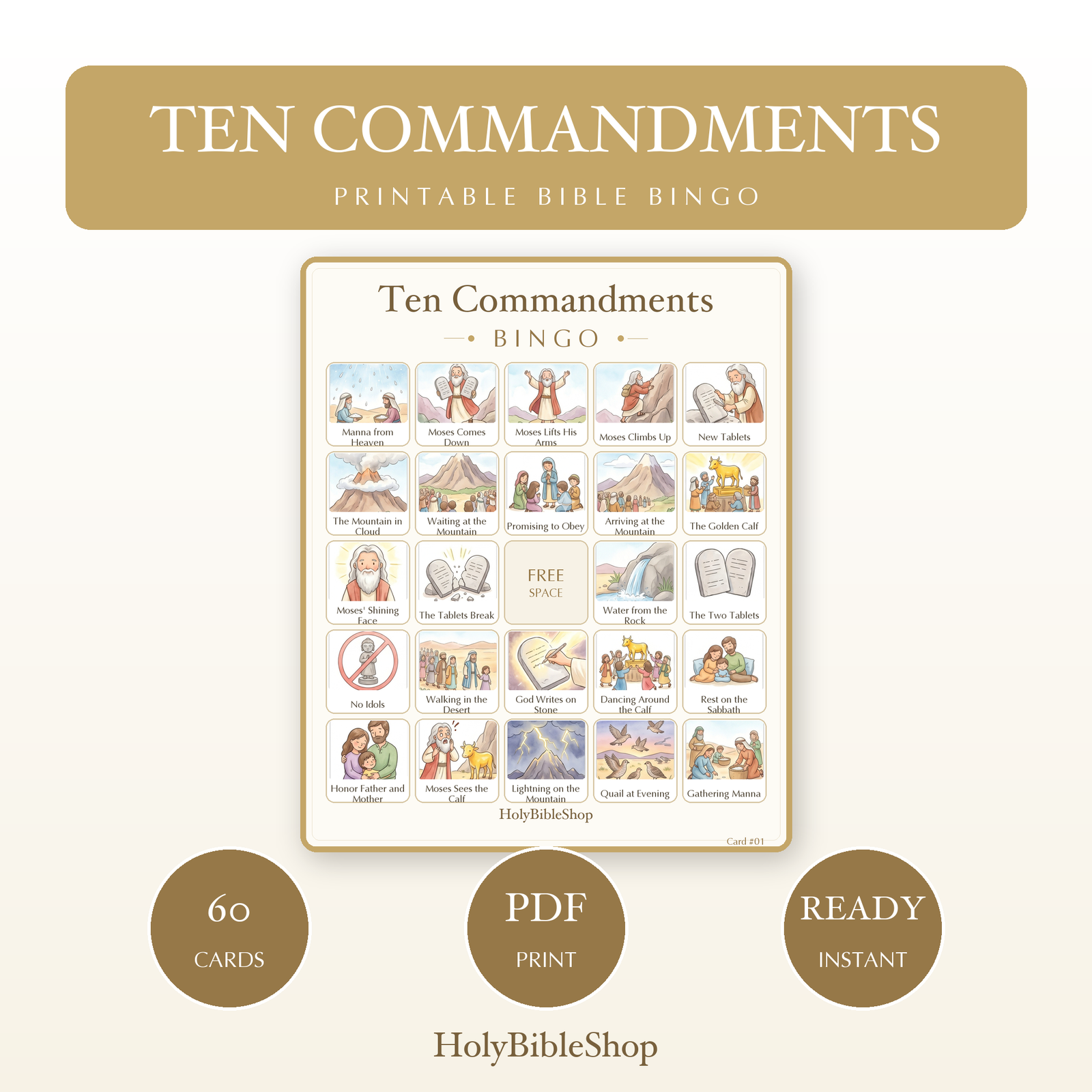 Ten Commandments Bingo | Printable Bible Bingo Game for Kids | 60 Cards Sunday School VBS Christian Watercolor PDF