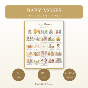 Baby Moses Bingo | Printable Bible Bingo Game for Kids | 60 Cards Sunday School VBS Christian Watercolor PDF