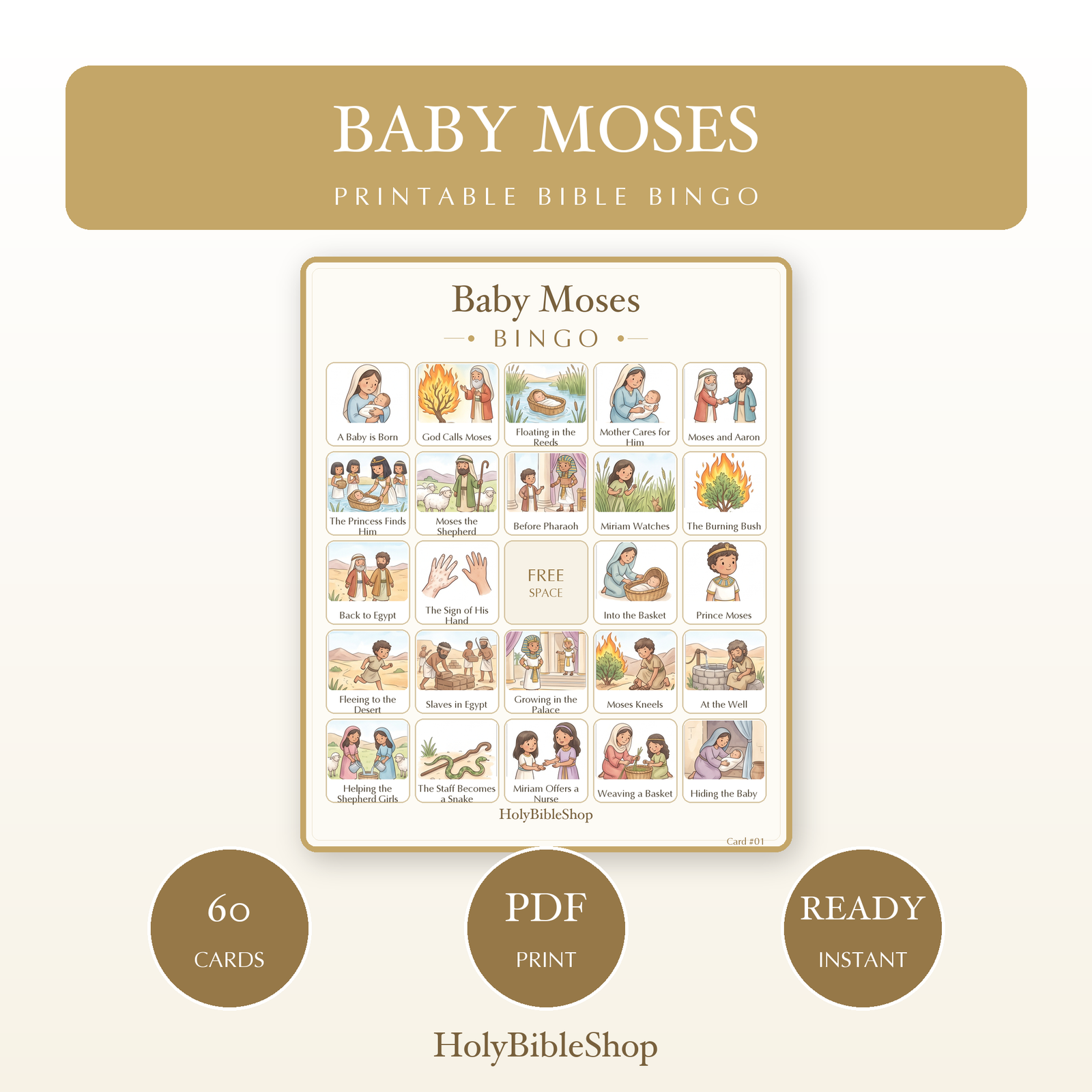 Baby Moses Bingo | Printable Bible Bingo Game for Kids | 60 Cards Sunday School VBS Christian Watercolor PDF