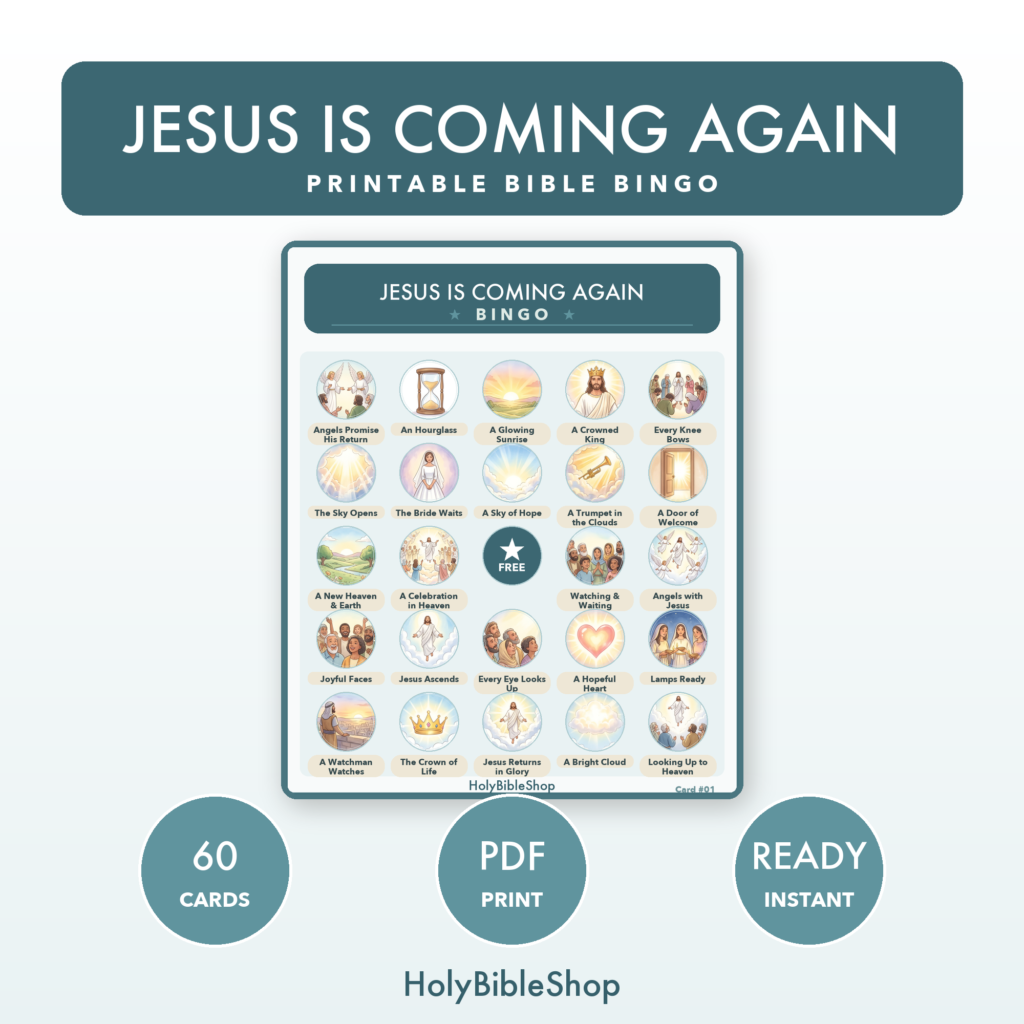 Jesus Is Coming Again Bingo | Printable Bible Bingo Game for Kids | 60 Cards Sunday School VBS Christian Watercolor PDF