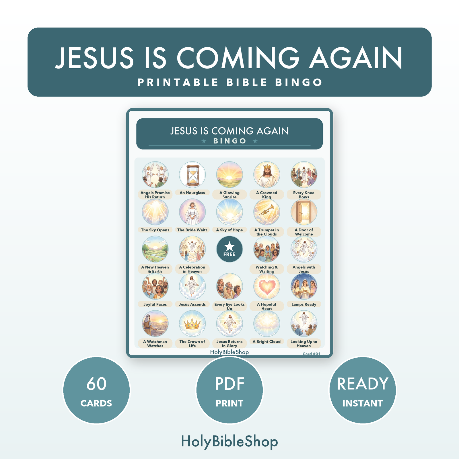 Jesus Is Coming Again Bingo | Printable Bible Bingo Game for Kids | 60 Cards Sunday School VBS Christian Watercolor PDF