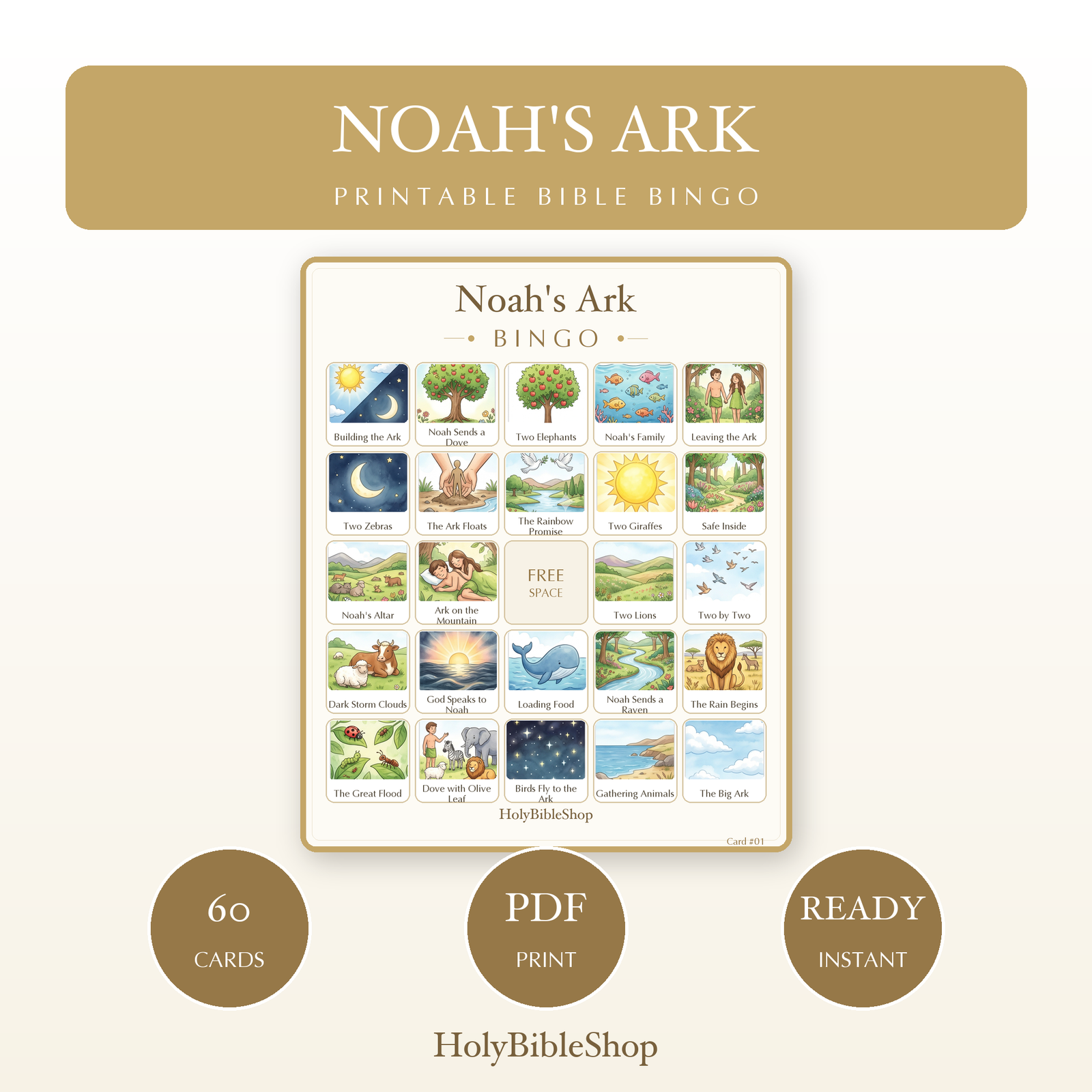 Noah's Ark Bingo | Printable Bible Bingo Game for Kids | 60 Cards Sunday School VBS Christian Watercolor PDF