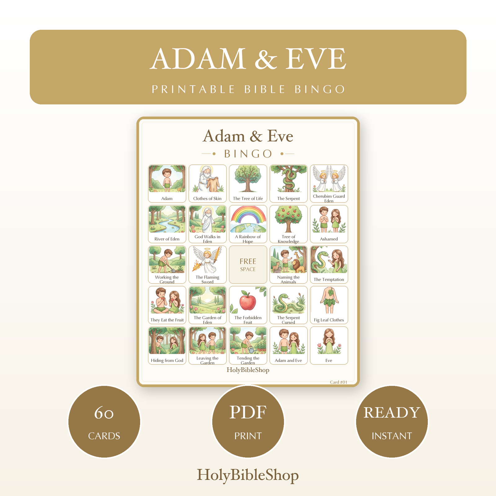 Adam & Eve Bingo | Printable Bible Bingo Game for Kids | 60 Cards Sunday School VBS Christian Watercolor PDF