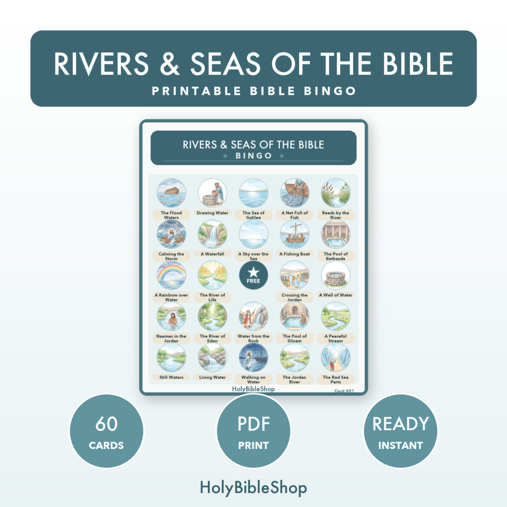 Rivers & Seas Of The Bible Bingo | Printable Bible Bingo Game for Kids | 60 Cards Sunday School VBS Christian Watercolor PDF