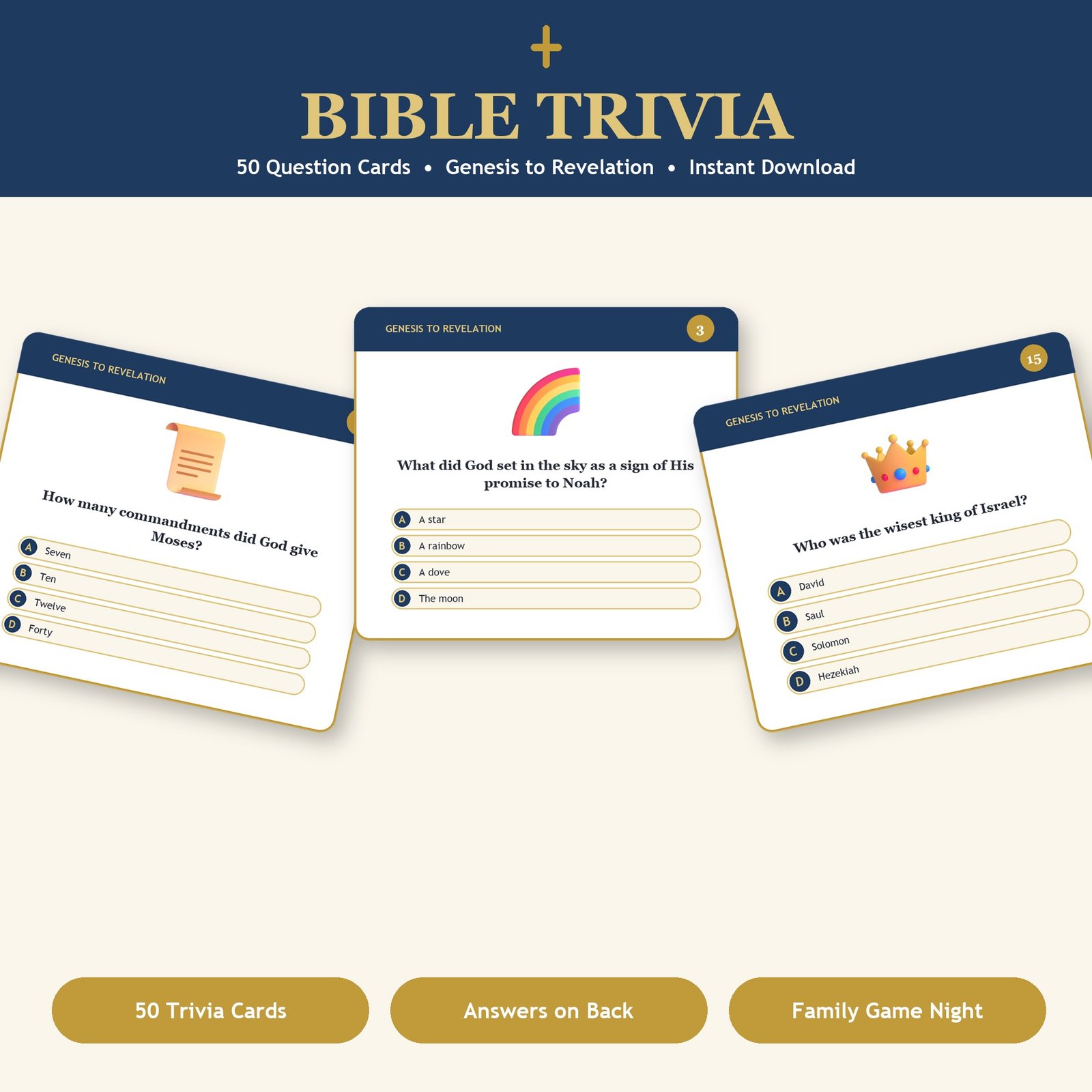 Bible Trivia Genesis to Revelation, 50 Printable Question Cards, Christian Bible Quiz Game, Instant Download