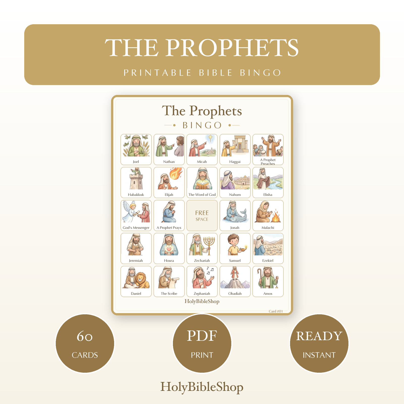 The Prophets Bingo | Printable Bible Bingo Game for Kids | 60 Cards Sunday School VBS Christian Watercolor PDF