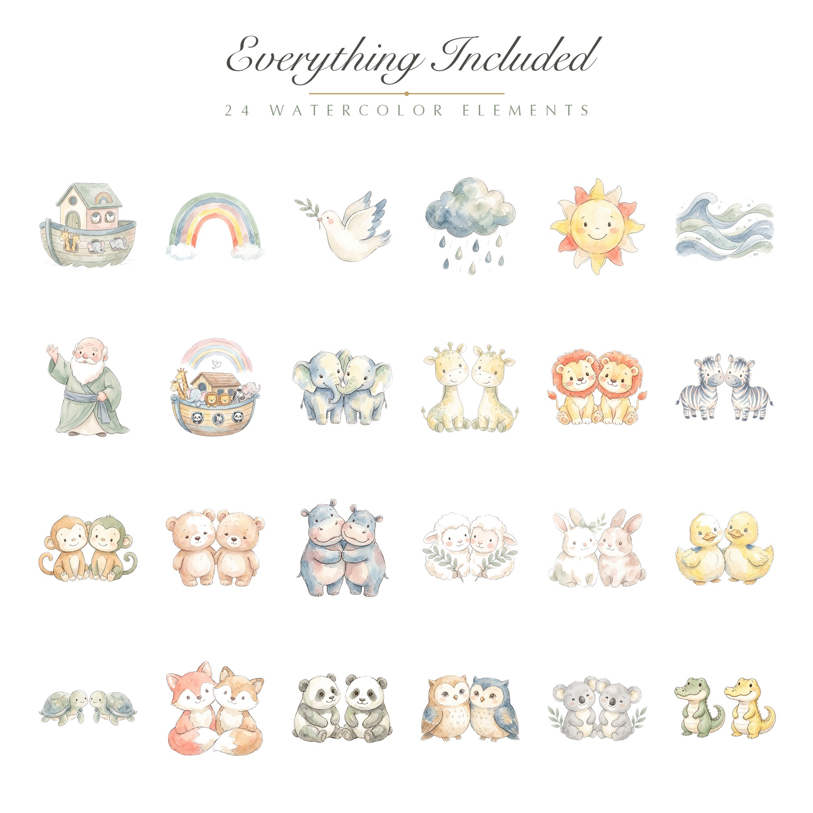 Watercolor Noah's Ark Clipart, 24 PNG, Cute Baby Animals Rainbow Nursery, Commercial Use, Baby Shower Sublimation, Download - Image 2