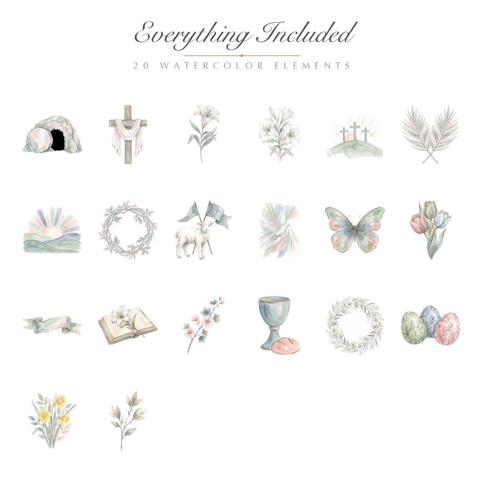 Watercolor Easter Resurrection Clipart, 20 PNG, Empty Tomb Cross Lily He Is Risen, Commercial Use, Christian Sublimation, Digital Download - Image 2