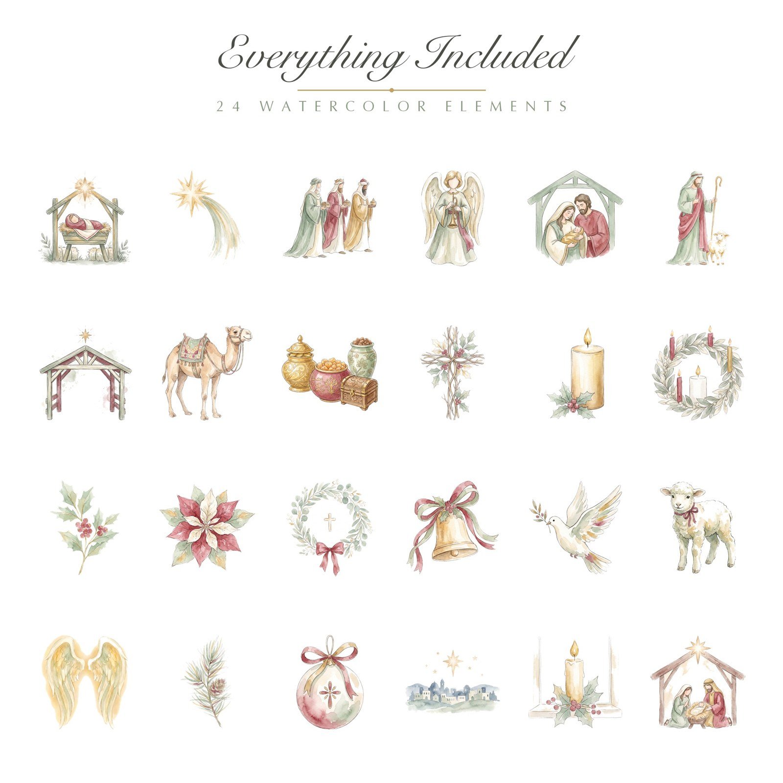 Watercolor Christian Christmas Clipart, 24 PNG, Nativity Wise Men Angel Advent, Commercial Use Religious Sublimation, Digital Download - Image 2
