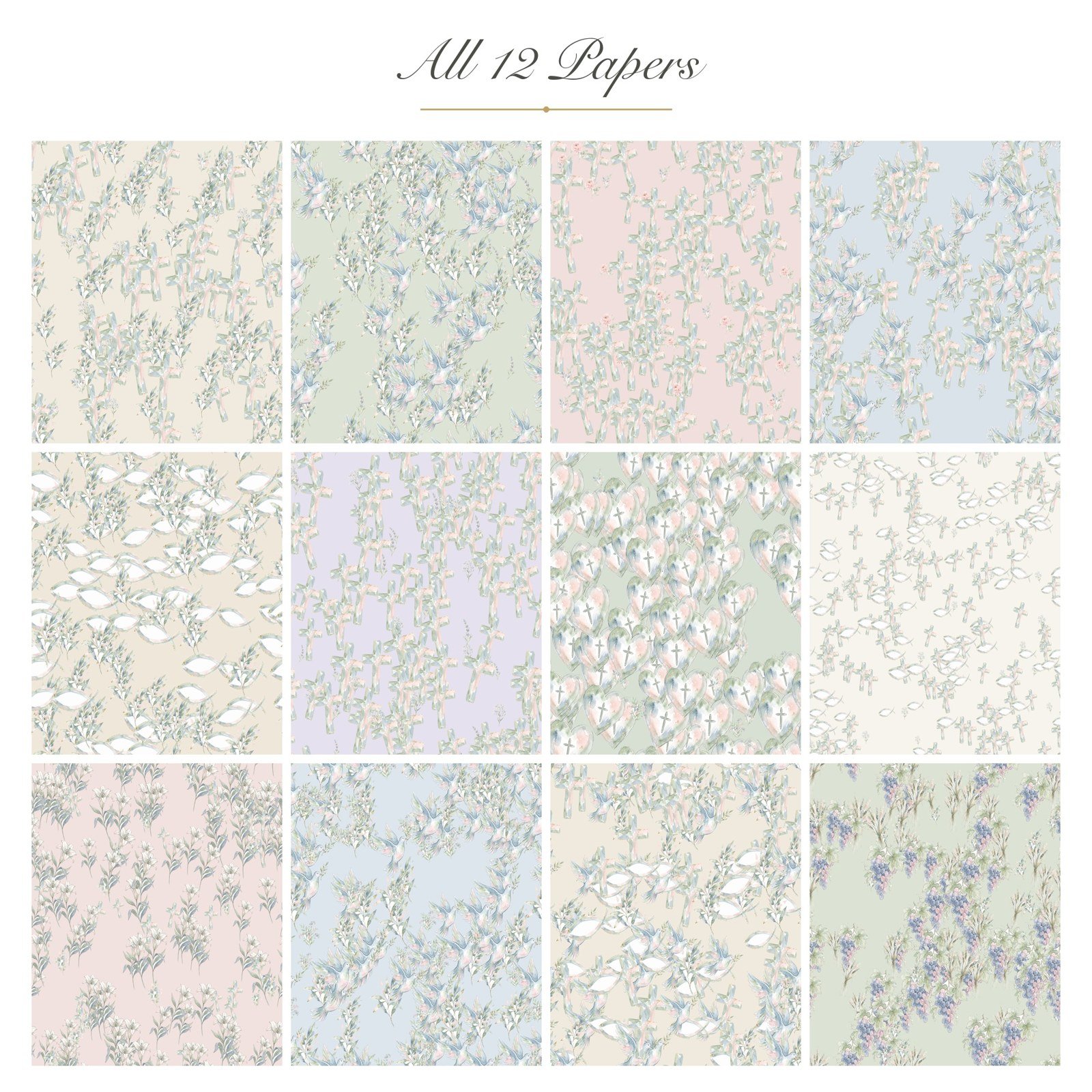Christian Watercolor Digital Paper, 12 Seamless 12x12 Backgrounds, Cross Dove Faith Scrapbook Paper, Commercial Use, Junk Journal Download - Image 2
