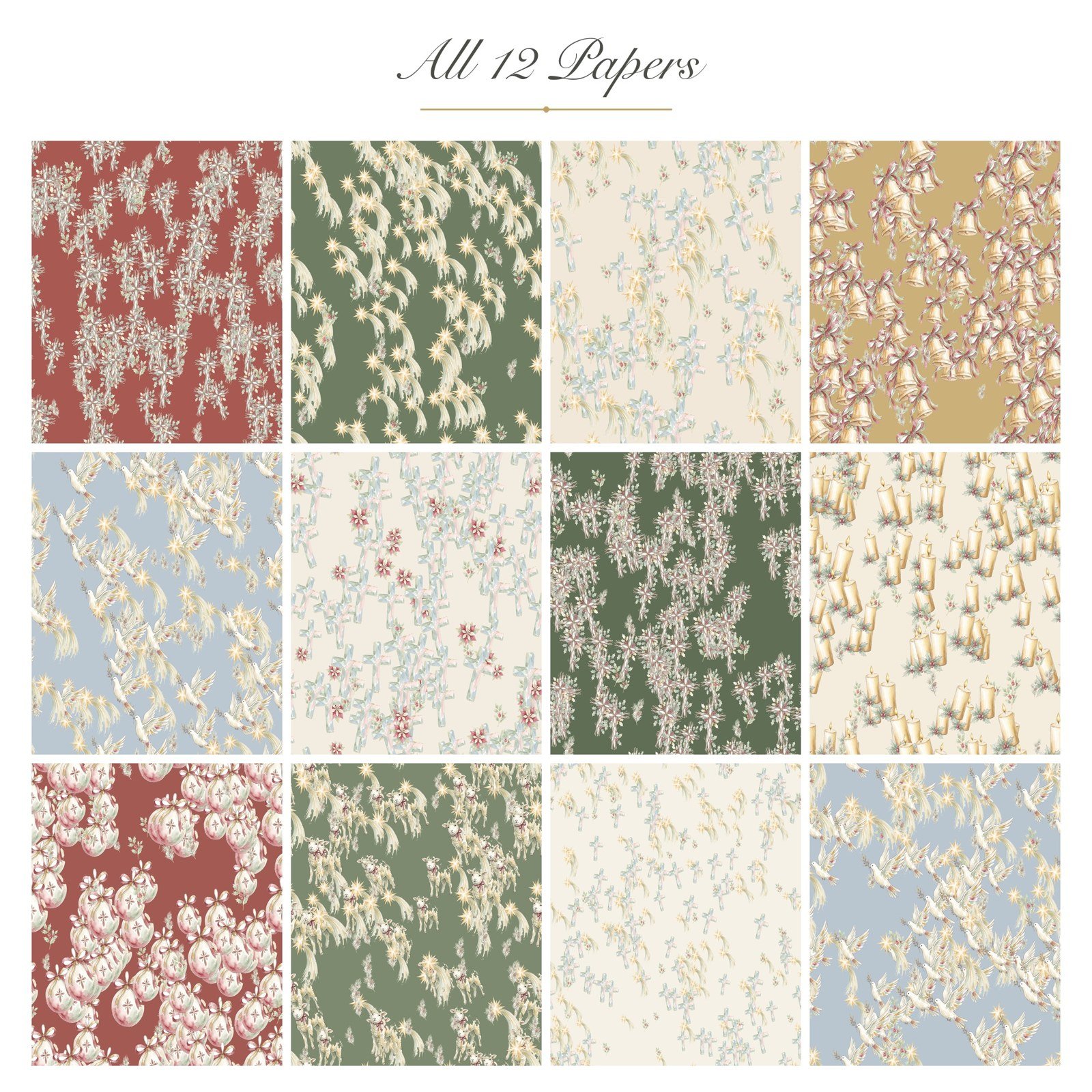 Christian Christmas Digital Paper, 12 Seamless 12x12 Backgrounds, Nativity Cross Star Holly Scrapbook Paper, Commercial Use Junk Journal - Image 2