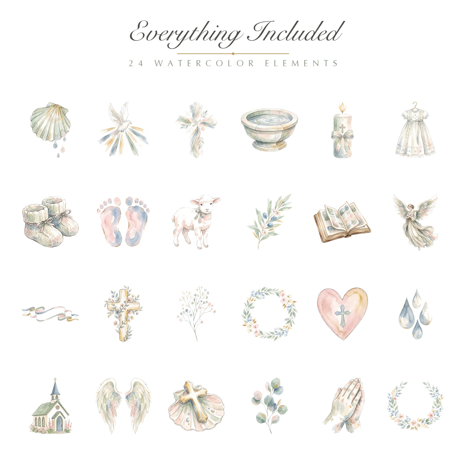 Watercolor Baptism Clipart, 24 PNG, Christening Cross Dove Shell Font, Commercial Use, Baby Baptism Sublimation, Digital Download - Image 2