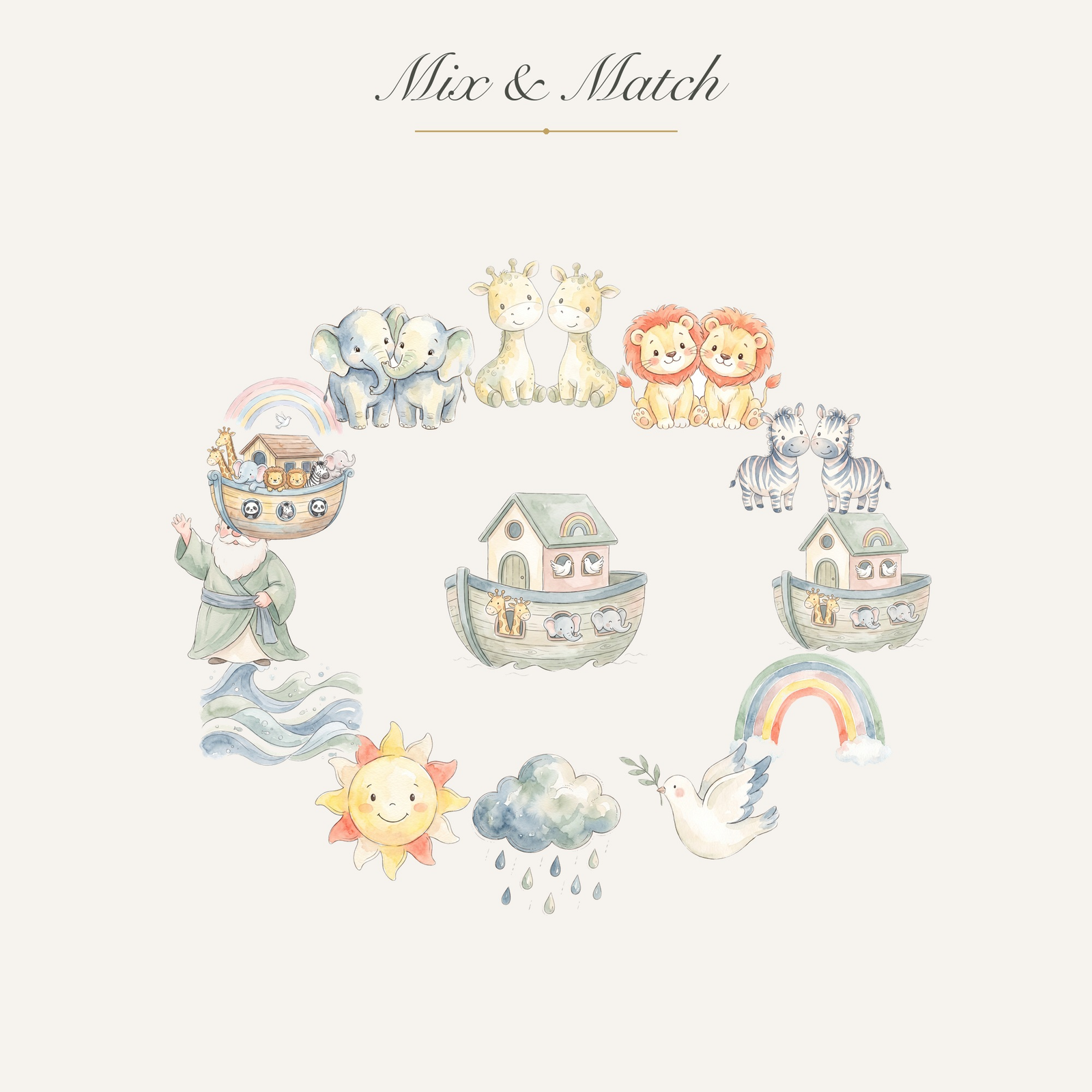 Watercolor Noah's Ark Clipart, 24 PNG, Cute Baby Animals Rainbow Nursery, Commercial Use, Baby Shower Sublimation, Download - Image 4