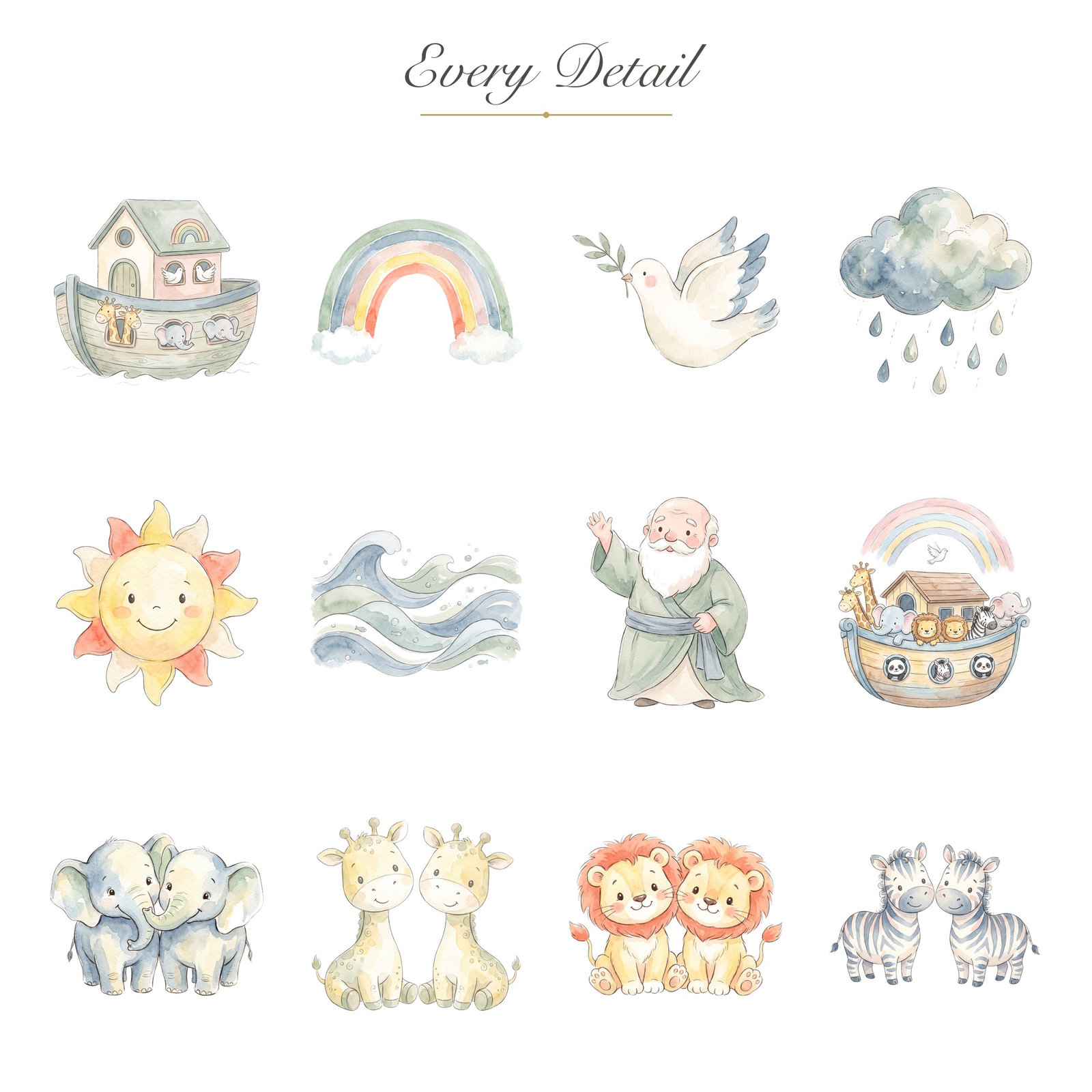 Watercolor Noah's Ark Clipart, 24 PNG, Cute Baby Animals Rainbow Nursery, Commercial Use, Baby Shower Sublimation, Download - Image 9