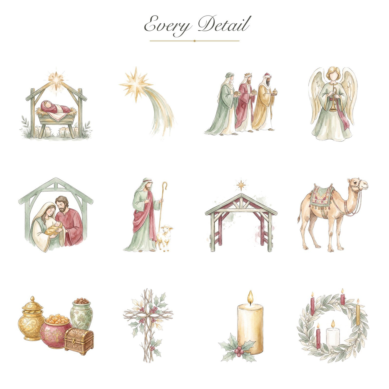Watercolor Christian Christmas Clipart, 24 PNG, Nativity Wise Men Angel Advent, Commercial Use Religious Sublimation, Digital Download - Image 9