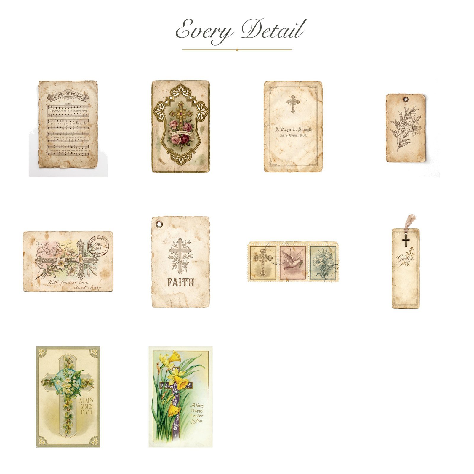 Vintage Christian Ephemera, 10 PNG, Antique Hymnal Holy Card Cross Tags Stamps, Junk Journal Bible Journaling, Commercial Use Download - Image 8