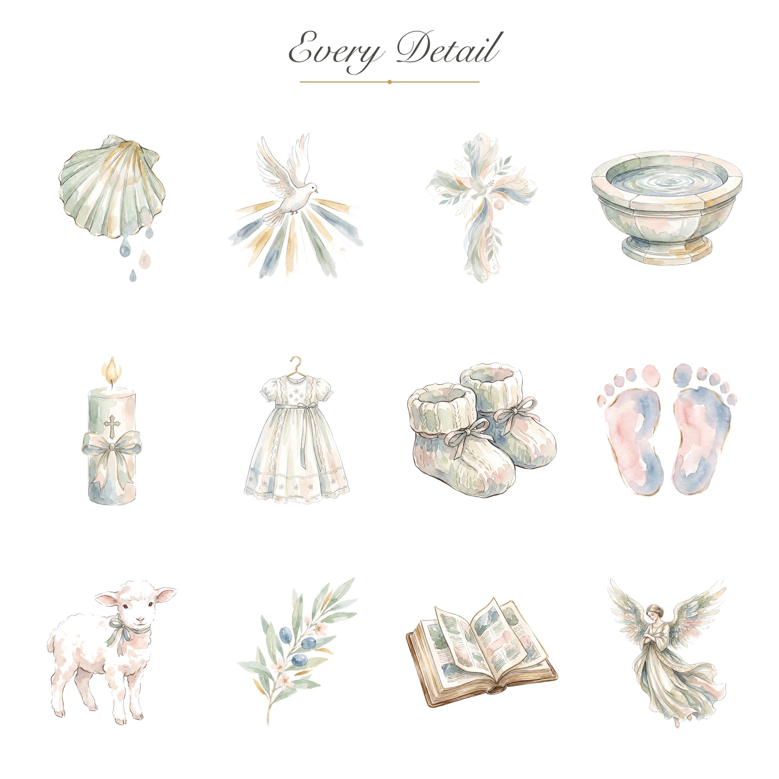 Watercolor Baptism Clipart, 24 PNG, Christening Cross Dove Shell Font, Commercial Use, Baby Baptism Sublimation, Digital Download - Image 9