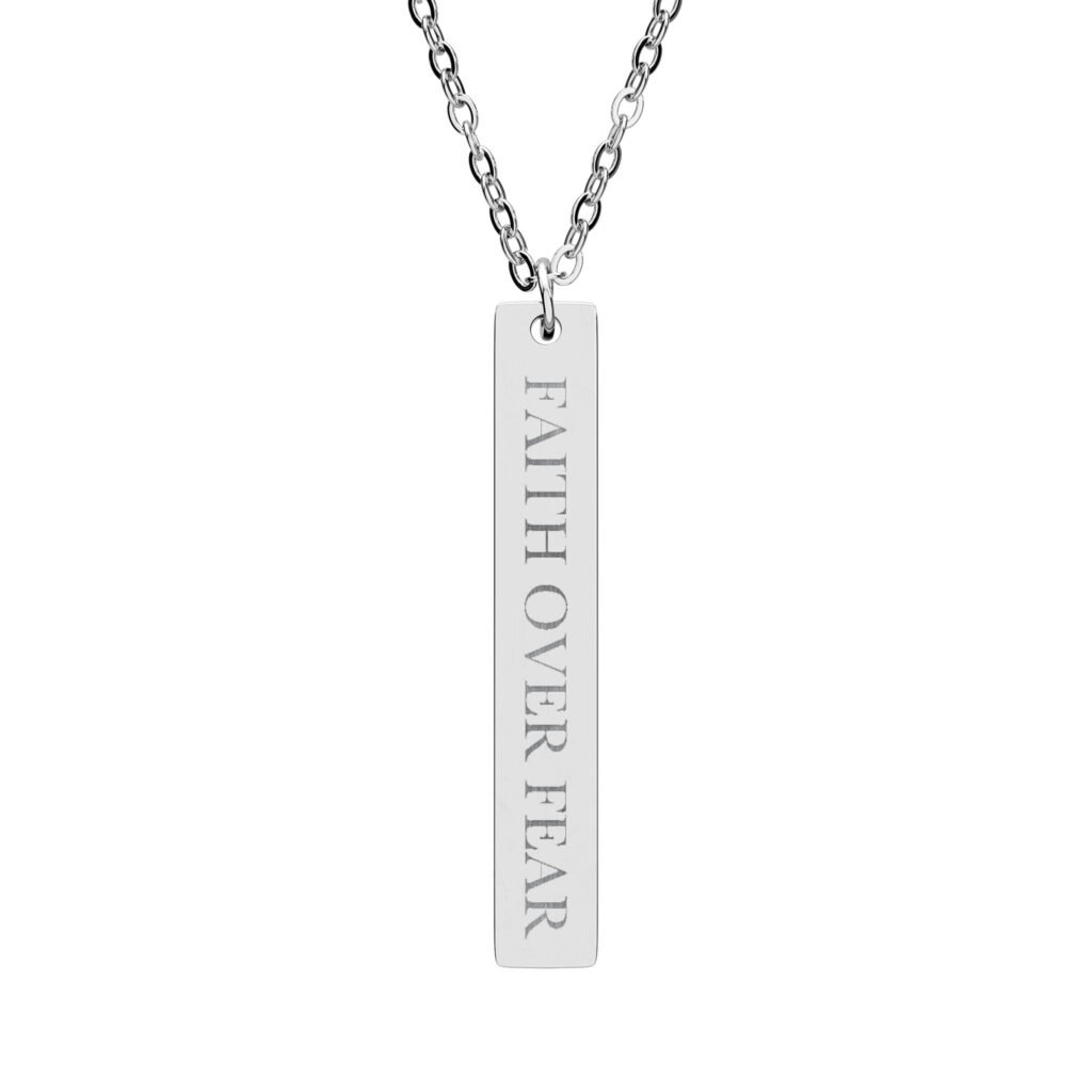Faith Over Fear Vertical Bar Necklace, Engraved Christian Faith Gift, Bible Verse Pendant for Her Him