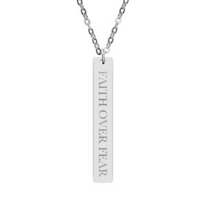 Faith Over Fear Vertical Bar Necklace, Engraved Christian Faith Gift, Bible Verse Pendant for Her Him