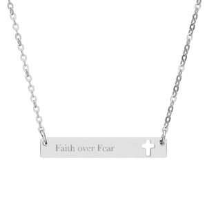 Faith Over Fear Cross Necklace, Engraved Cutout Cross Bar Pendant, Christian Faith Gift, Bible Verse Jewelry, Gift for Her Him