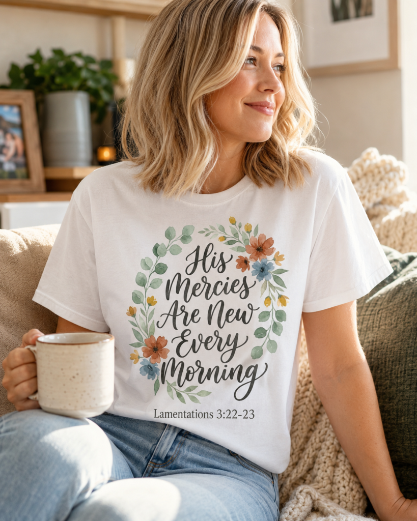 His Mercies Are New Every Morning Shirt — Floral Wreath Christian Softstyle Tee, Lamentations 3:22-23 Faith Gift