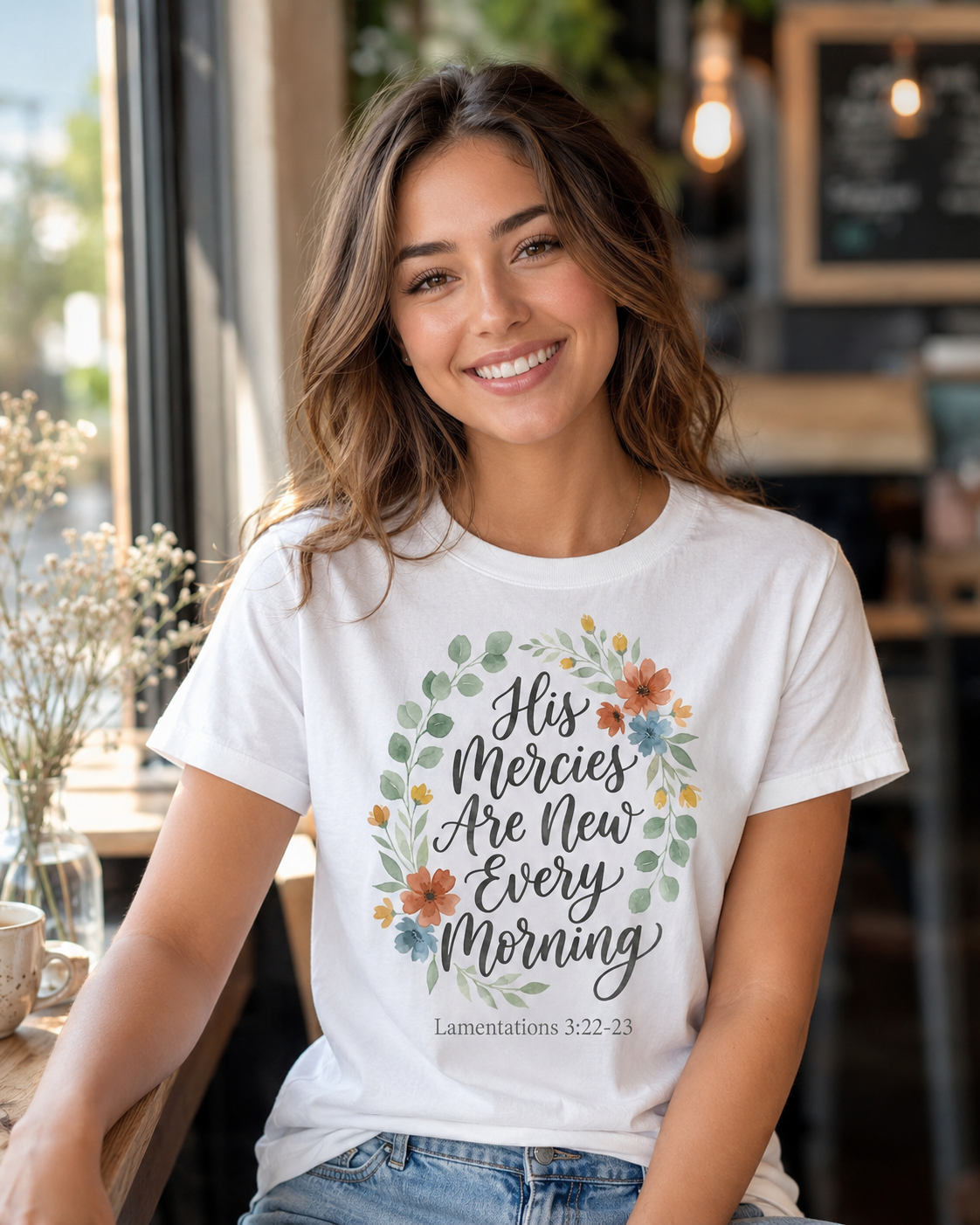 His Mercies Are New Every Morning Shirt — Floral Wreath Christian Softstyle Tee, Lamentations 3:22-23 Faith Gift - Image 2