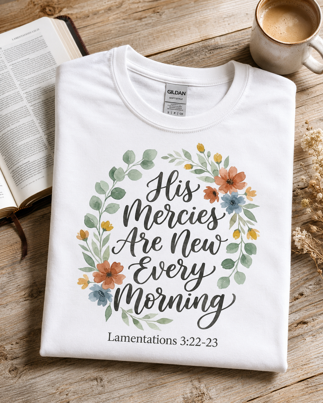 His Mercies Are New Every Morning Shirt — Floral Wreath Christian Softstyle Tee, Lamentations 3:22-23 Faith Gift - Image 3