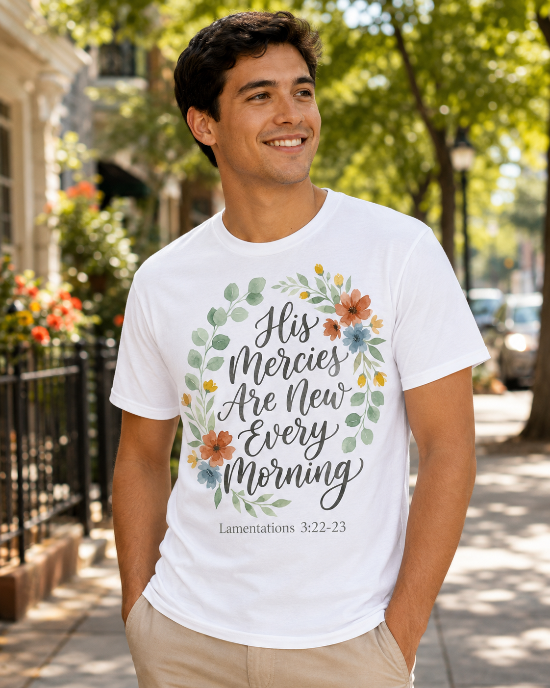 His Mercies Are New Every Morning Shirt — Floral Wreath Christian Softstyle Tee, Lamentations 3:22-23 Faith Gift - Image 4