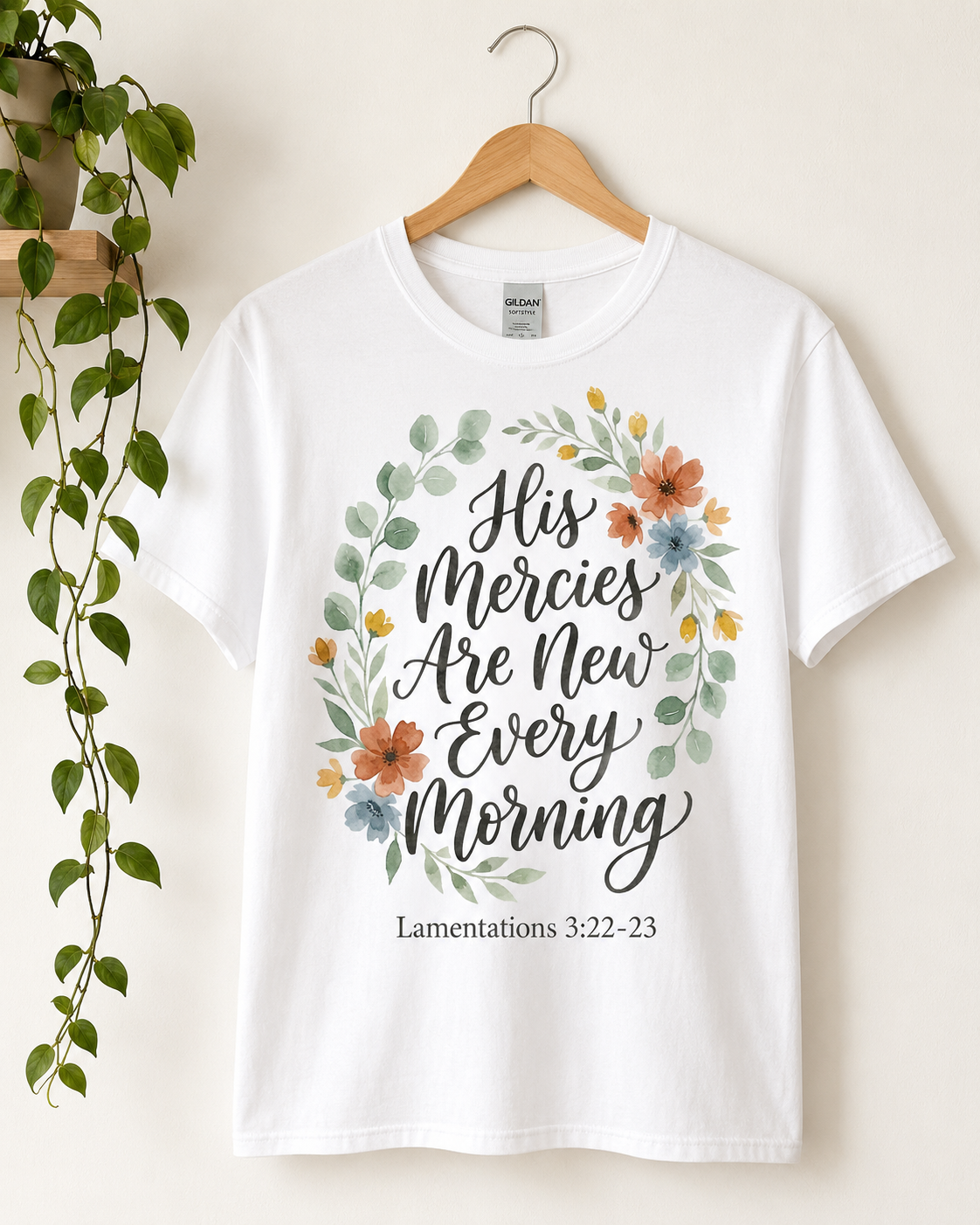 His Mercies Are New Every Morning Shirt — Floral Wreath Christian Softstyle Tee, Lamentations 3:22-23 Faith Gift - Image 5