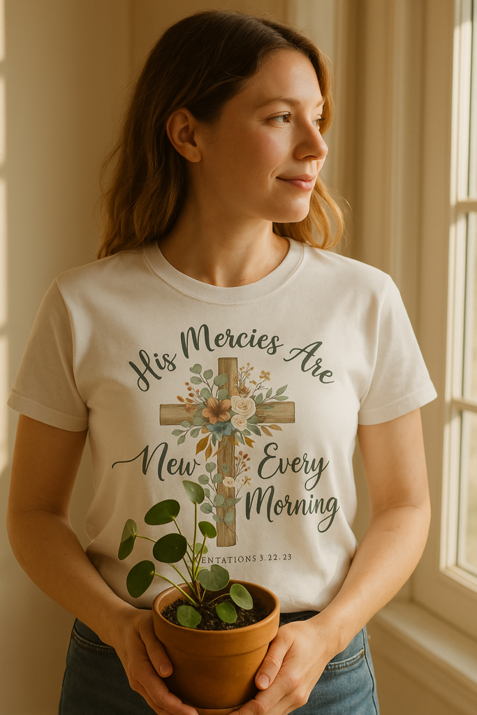 His Mercies Are New Every Morning Shirt — Floral Cross Christian Softstyle Tee, Lamentations 3:22-23 Faith Gift