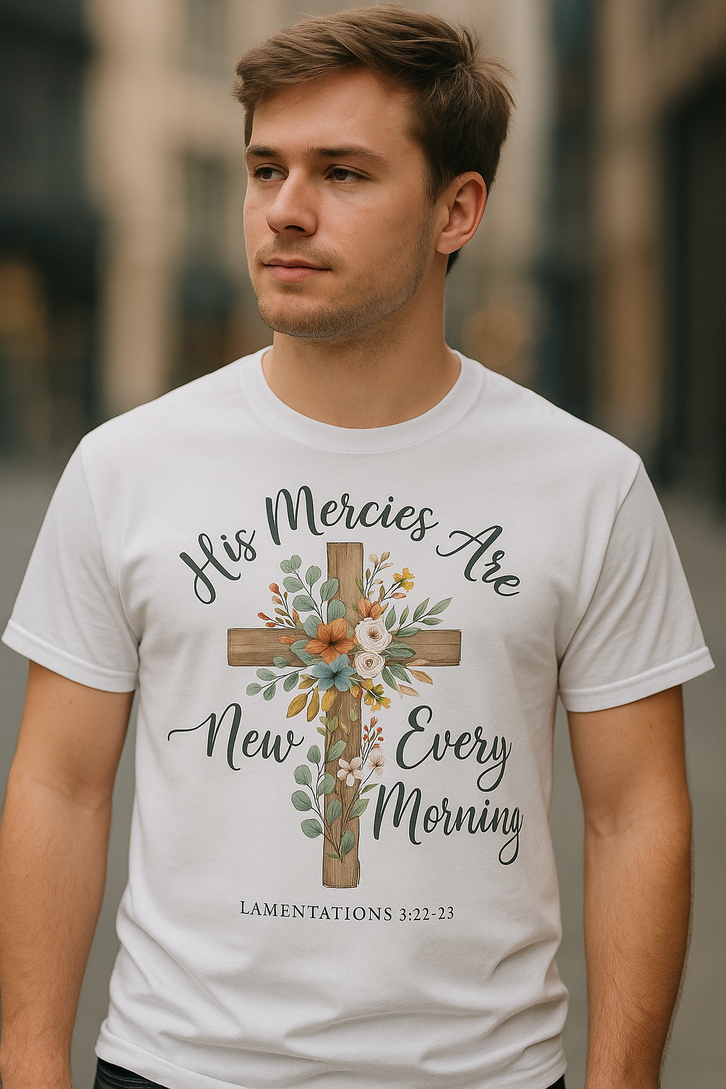 His Mercies Are New Every Morning Shirt — Floral Cross Christian Softstyle Tee, Lamentations 3:22-23 Faith Gift - Image 2