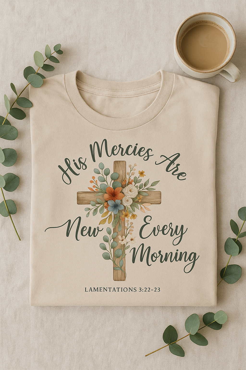 His Mercies Are New Every Morning Shirt — Floral Cross Christian Softstyle Tee, Lamentations 3:22-23 Faith Gift - Image 3