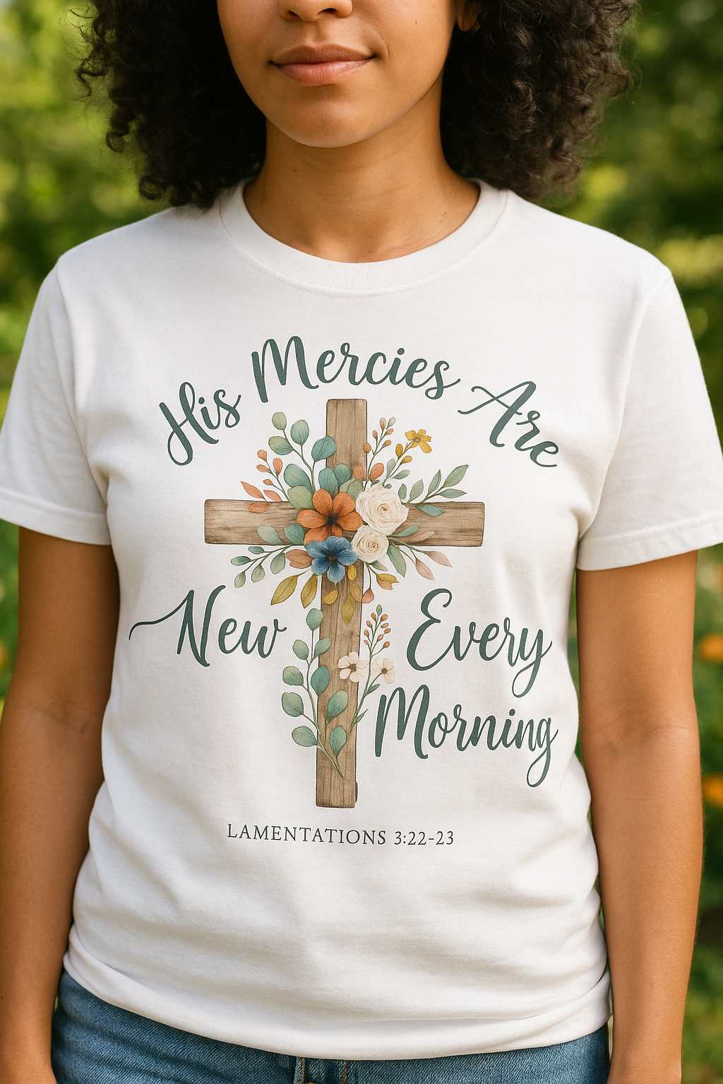 His Mercies Are New Every Morning Shirt — Floral Cross Christian Softstyle Tee, Lamentations 3:22-23 Faith Gift - Image 4