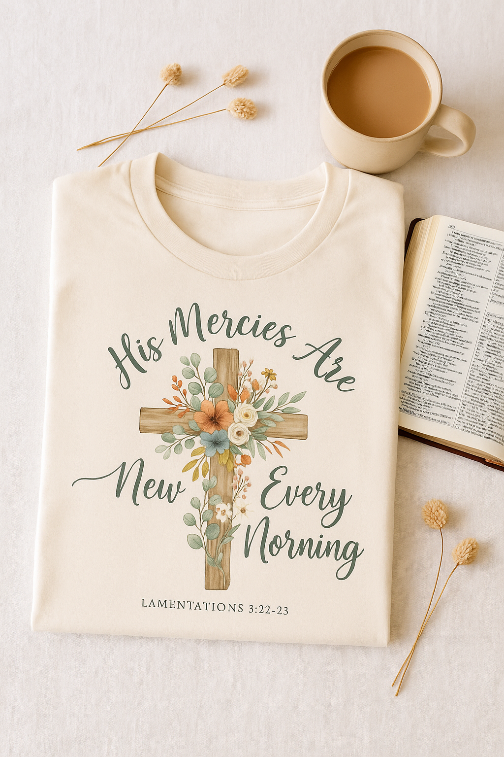 His Mercies Are New Every Morning Shirt — Floral Cross Christian Softstyle Tee, Lamentations 3:22-23 Faith Gift - Image 6