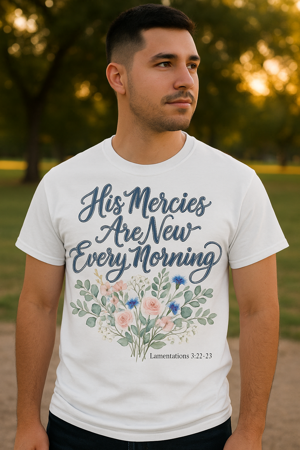 His Mercies Are New Every Morning Shirt — Watercolor Bouquet Christian Softstyle Tee, Lamentations 3:22-23 Faith Gift - Image 3