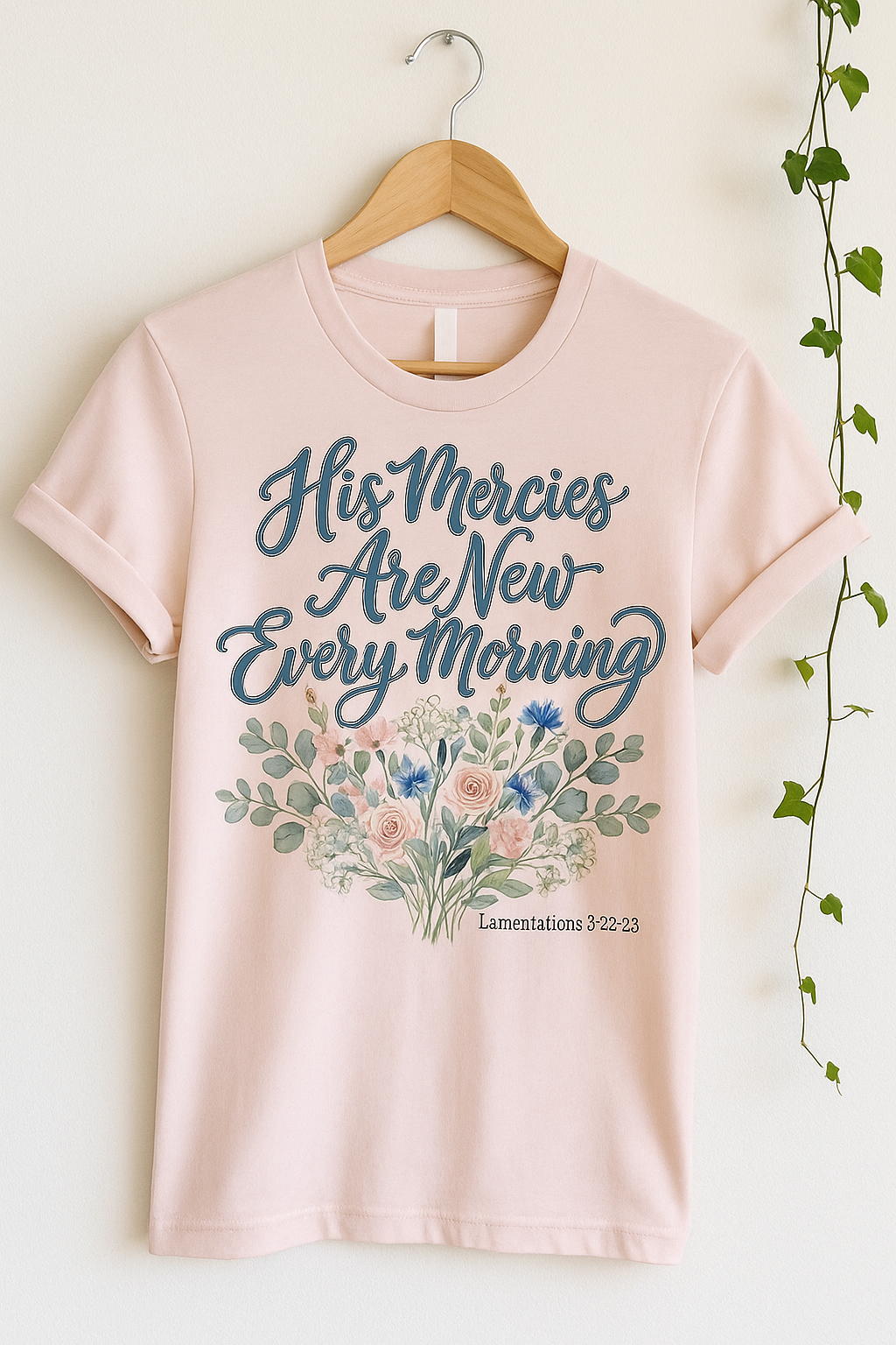 His Mercies Are New Every Morning Shirt — Watercolor Bouquet Christian Softstyle Tee, Lamentations 3:22-23 Faith Gift - Image 4