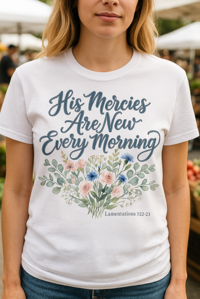 His Mercies Are New Every Morning Shirt — Watercolor Bouquet Christian Softstyle Tee, Lamentations 3:22-23 Faith Gift