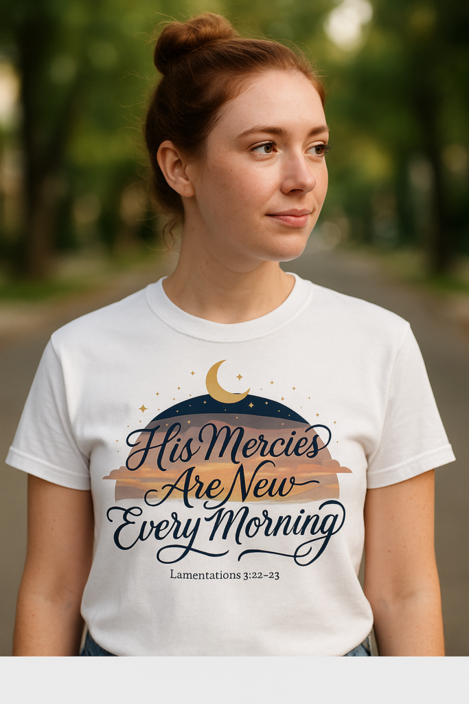 His Mercies Are New Every Morning Shirt — Celestial Moon & Stars Christian Softstyle Tee, Lamentations 3:22-23 Faith Gift