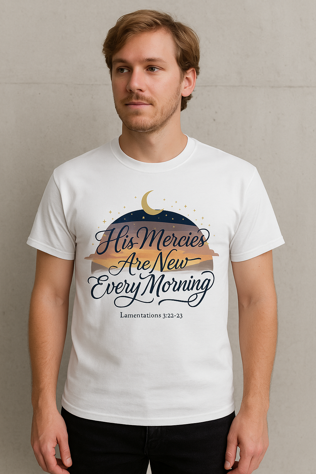 His Mercies Are New Every Morning Shirt — Celestial Moon & Stars Christian Softstyle Tee, Lamentations 3:22-23 Faith Gift - Image 6