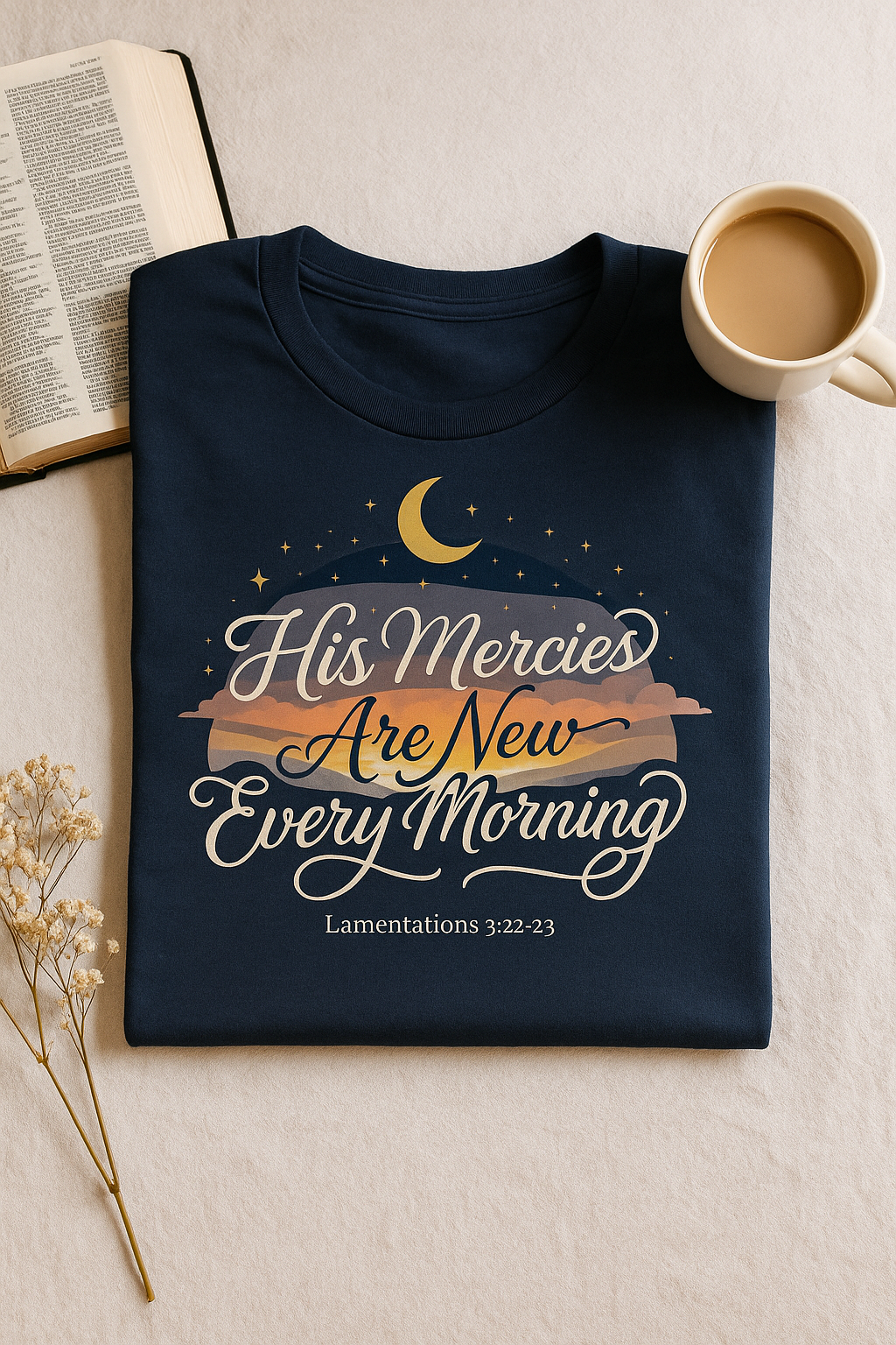 His Mercies Are New Every Morning Shirt — Celestial Moon & Stars Christian Softstyle Tee, Lamentations 3:22-23 Faith Gift - Image 3