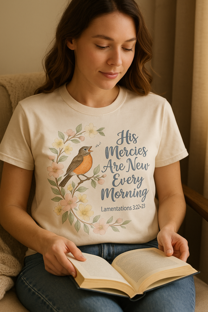 His Mercies Are New Every Morning Shirt — Songbird Christian Softstyle Tee, Lamentations 3:22-23 Faith Gift